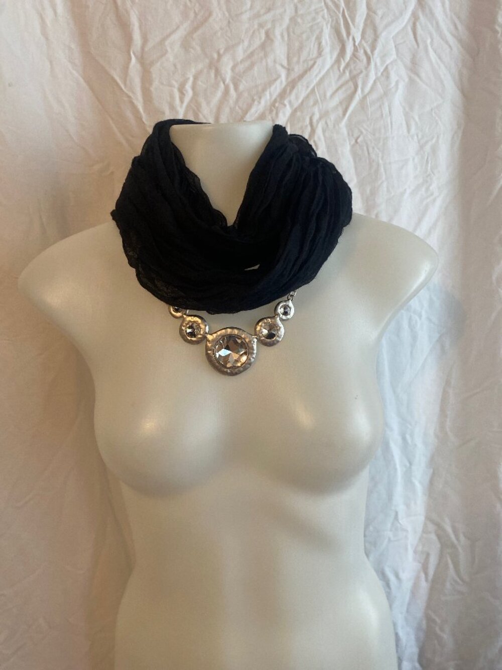 Eyeful Black Infinity Scarf With Rhinestone Statement Necklace